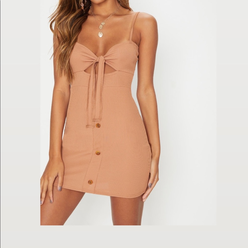 Camel Ribbed Tie Front Button Down Bodycon Dress